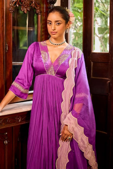 Shop Label Rsd Purple Satin, Georgette, Organza, Cotton Beads, Hand Anarkali Palazzo Set Online at Aza Fashions Shop_Label Rsd_Purple Satin, Georgette, Organza, Cotton Beads, Hand Anarkali Palazzo Set_Online_at_Aza_Fashions