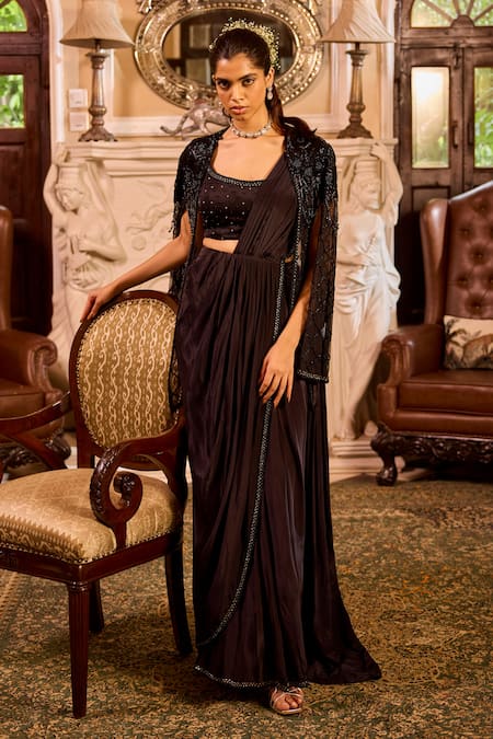 Label RSD Hand Embroidered Pre-Draped Saree Set With Cape 