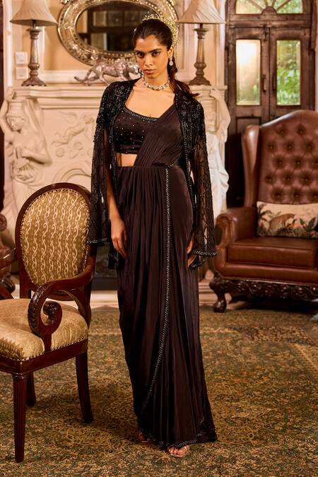 Label Rsd_Black Crepe Beads, Pearls Round Hand Embroidered Pre-draped Saree Set With Cape_Online_at_Aza_Fashions