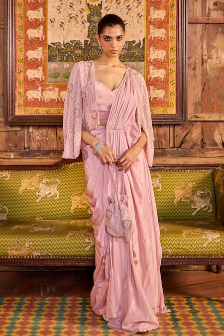 Label RSD Bead Embroidered Pre-Draped Saree Set With Cape 