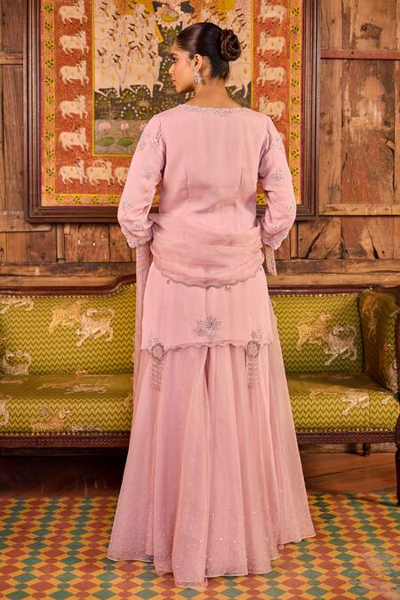 Shop Label Rsd Pink Organza, Cotton, Crepe Beads, Tassels, Floral Hand Lehenga Kurta Set at Aza Fashions Shop_Label Rsd_Pink Organza, Cotton, Crepe Beads, Tassels, Floral Hand Lehenga Kurta Set_at_Aza_Fashions