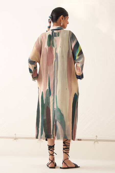 Shop_Ofrida_Multi Color Light Cotton Linen Printed Abstract Collared Dress _at_Aza_Fashions