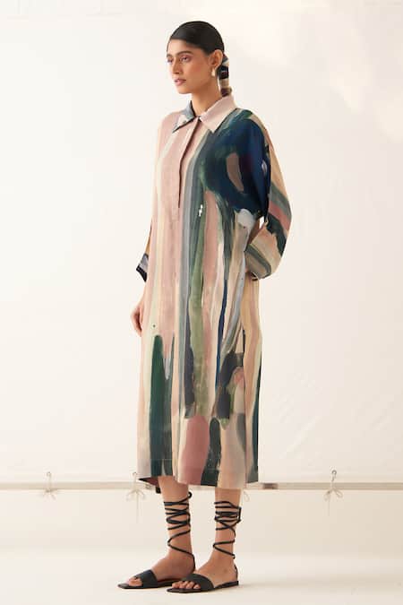 Ofrida_Multi Color Light Cotton Linen Printed Abstract Collared Dress _Online_at_Aza_Fashions
