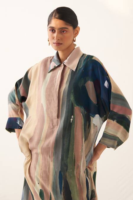 Shop_Ofrida_Multi Color Light Cotton Linen Printed Abstract Collared Dress _Online_at_Aza_Fashions