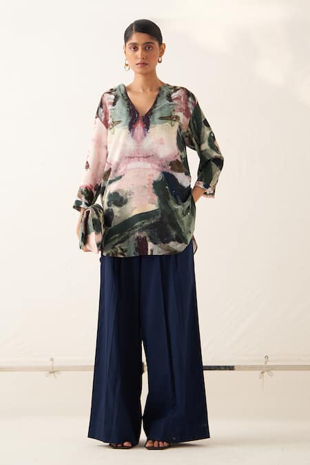 OFRIDA High Low Abstract Print Shirt & Pant Set 