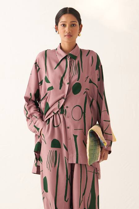 OFRIDA_Pink Lycra Collared Abstract Print Shirt Pant Set_Online_at_Aza_Fashions