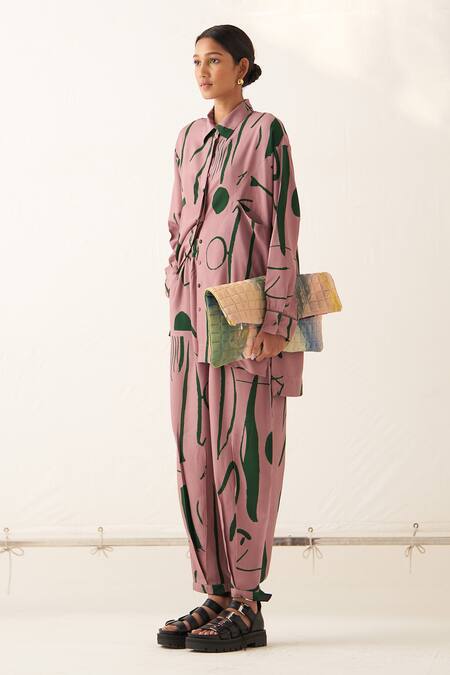 Buy_OFRIDA_Pink Lycra Collared Abstract Print Shirt Pant Set_Online_at_Aza_Fashions