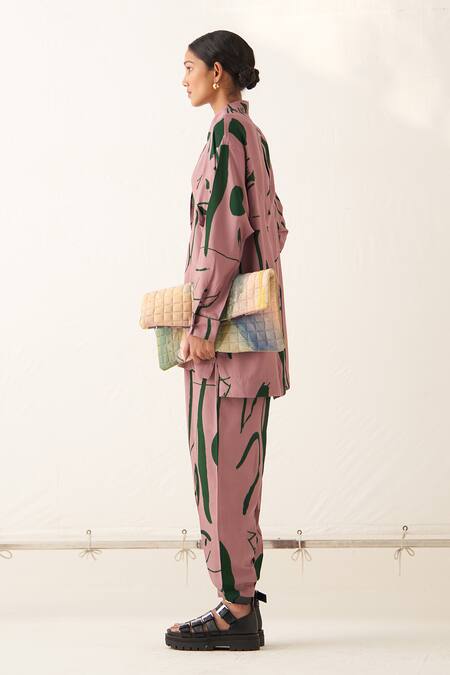 Shop_OFRIDA_Pink Lycra Collared Abstract Print Shirt Pant Set_Online_at_Aza_Fashions