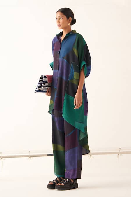Buy_OFRIDA_Multi Color Cotton Collared Abstract Print Tunic And Pant Set _Online_at_Aza_Fashions