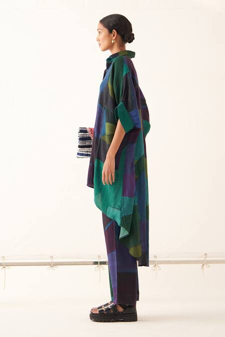 Shop_OFRIDA_Multi Color Cotton Collared Abstract Print Tunic And Pant Set _Online_at_Aza_Fashions