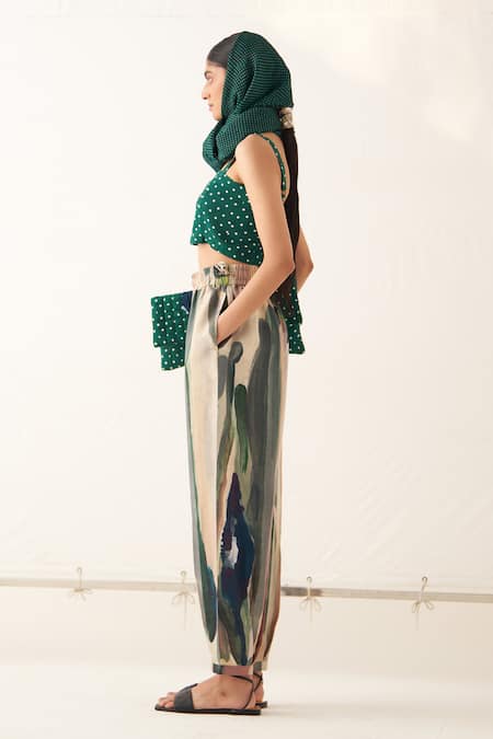 Buy Green Cotton, Linen Square Neck Polka Dot Print Bralette And