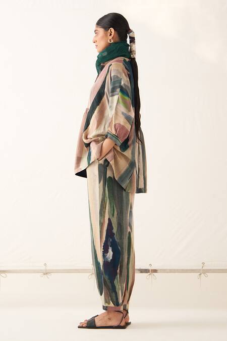 Shop_OFRIDA_Multi Color Cotton, Linen Collared, V-neck Abstract Print Top And Pant Set_Online_at_Aza_Fashions