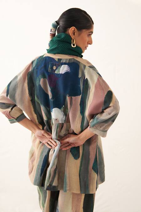 OFRIDA_Multi Color Cotton, Linen Collared, V-neck Abstract Print Top And Pant Set_at_Aza_Fashions