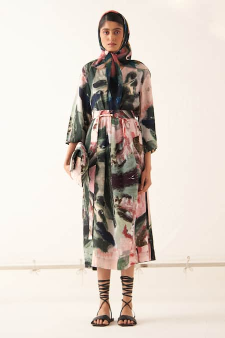 OFRIDA Island Abstract Expressionist Print Gathered Dress 