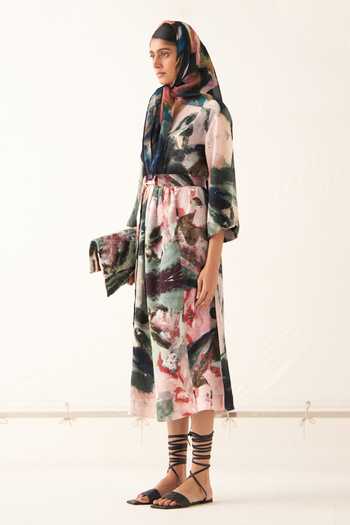 OFRIDA_Multi Color Cotton, Linen Island Abstract Expressionist Print Gathered Dress_Online_at_Aza_Fashions