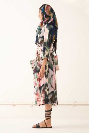 Buy_OFRIDA_Multi Color Cotton, Linen Island Abstract Expressionist Print Gathered Dress_Online_at_Aza_Fashions