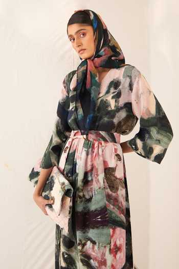 Shop_OFRIDA_Multi Color Cotton, Linen Island Abstract Expressionist Print Gathered Dress_Online_at_Aza_Fashions