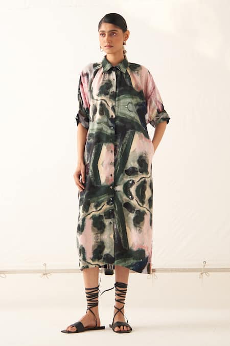 OFRIDA Island Abstract Expressionist Print Bruch Dress 