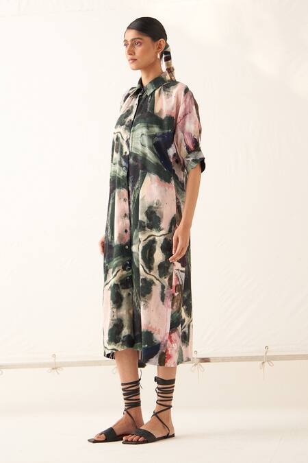 OFRIDA_Multi Color Cotton, Linen Island Abstract Expressionist Print Bruch Dress_Online_at_Aza_Fashions