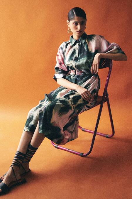 Shop_OFRIDA_Multi Color Cotton, Linen Island Abstract Expressionist Print Bruch Dress_Online_at_Aza_Fashions
