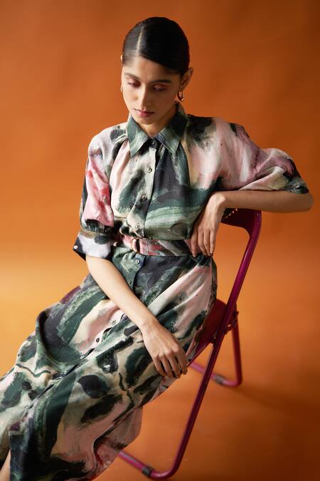 OFRIDA_Multi Color Cotton, Linen Island Abstract Expressionist Print Bruch Dress_at_Aza_Fashions