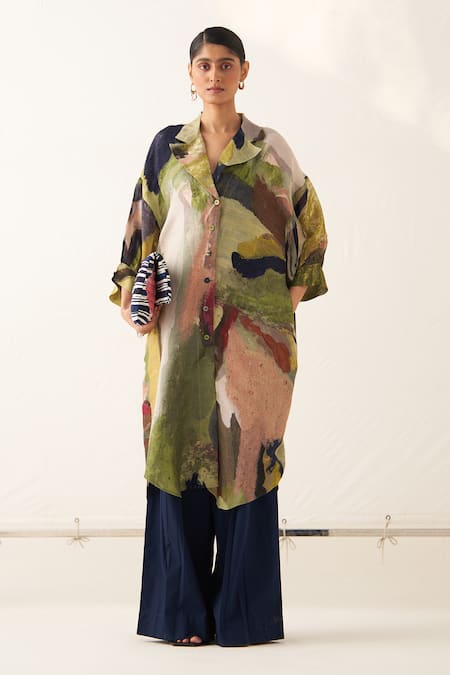 OFRIDA Multi Color Cotton Moss Crepe Printed Abstract Phoenix Trench Dress 