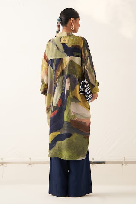 Shop OFRIDA Multi Color Cotton Collared Phoenix Abstract Expressionist Print Trench Dress at Aza Fashions Shop_OFRIDA_Multi Color Cotton Collared Phoenix Abstract Expressionist Print Trench Dress _at_Aza_Fashions