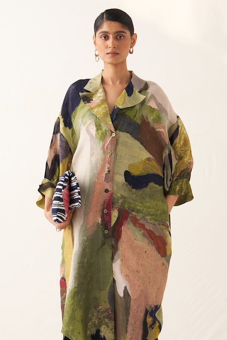 OFRIDA Multi Color Cotton Collared Phoenix Abstract Expressionist Print Trench Dress Online at Aza Fashions OFRIDA_Multi Color Cotton Collared Phoenix Abstract Expressionist Print Trench Dress _Online_at_Aza_Fashions