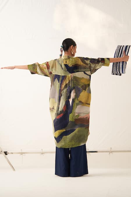 OFRIDA Multi Color Cotton Collared Phoenix Abstract Expressionist Print Trench Dress at Aza Fashions OFRIDA_Multi Color Cotton Collared Phoenix Abstract Expressionist Print Trench Dress _at_Aza_Fashions