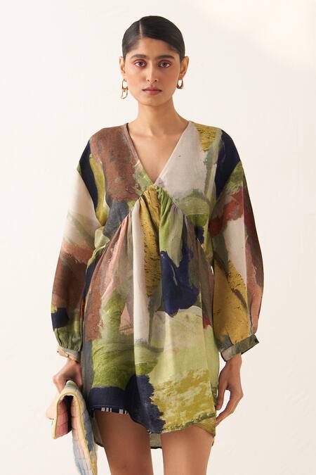 OFRIDA_Multi Color Cotton Embroidery Phoenix Abstract Expressionist Print Vacay Dress _Online_at_Aza_Fashions