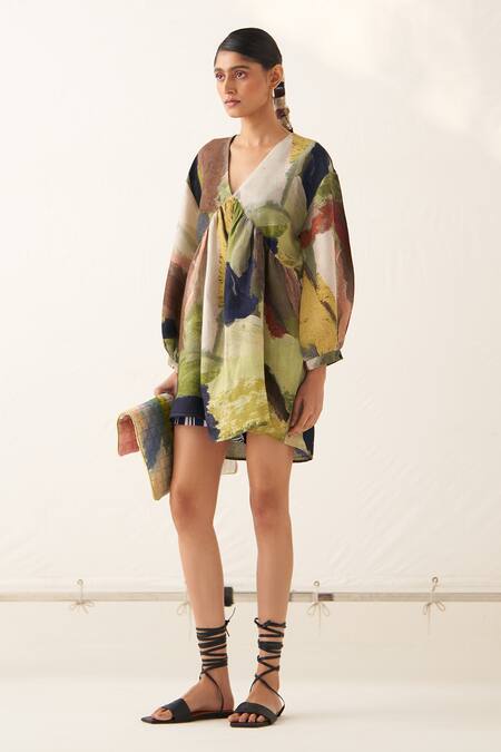 Buy_OFRIDA_Multi Color Cotton Embroidery Phoenix Abstract Expressionist Print Vacay Dress _Online_at_Aza_Fashions