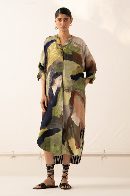 OFRIDA Multi Color Cotton Moss Crepe Printed Abstract Expressionist Phoenix Dress 