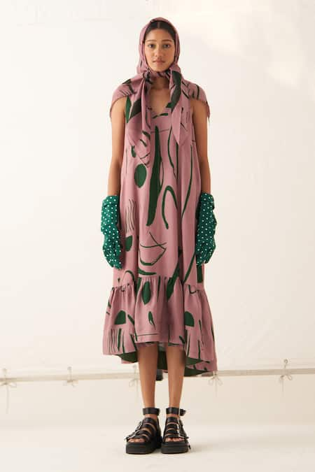 OFRIDA Pink Mercerized Lyocell Printed Abstract Rough Summer Tier Dress 