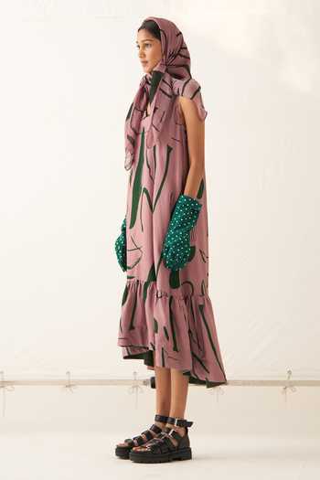 OFRIDA_Pink Lycra V-neck Rough Summer Abstract Expressionist Print Tier Dress_Online_at_Aza_Fashions