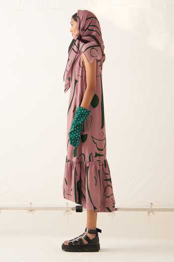 Buy_OFRIDA_Pink Lycra V-neck Rough Summer Abstract Expressionist Print Tier Dress_Online_at_Aza_Fashions