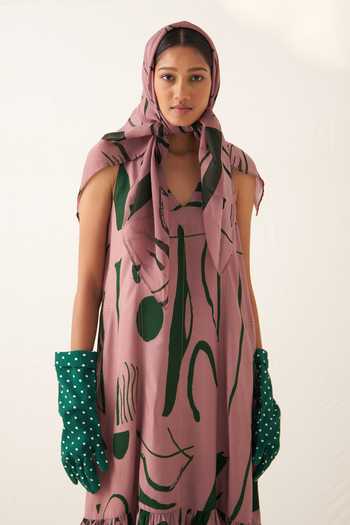 Shop_OFRIDA_Pink Lycra V-neck Rough Summer Abstract Expressionist Print Tier Dress_Online_at_Aza_Fashions