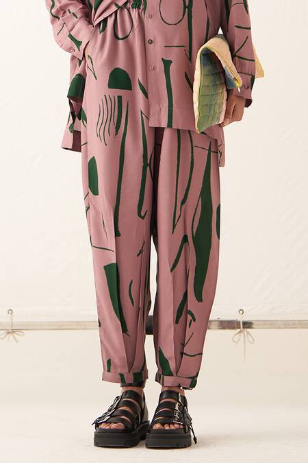 OFRIDA_Pink Lycra Rough Summer Bf Pant_Online_at_Aza_Fashions