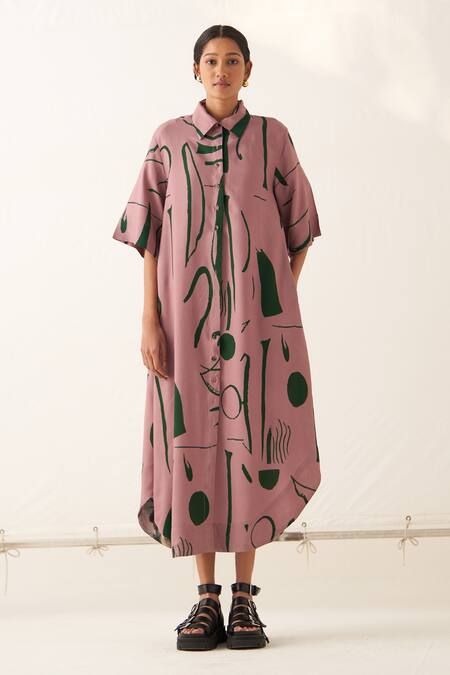 OFRIDA_Pink Lycra Collared Rough Summer A-line Dress_Online_at_Aza_Fashions