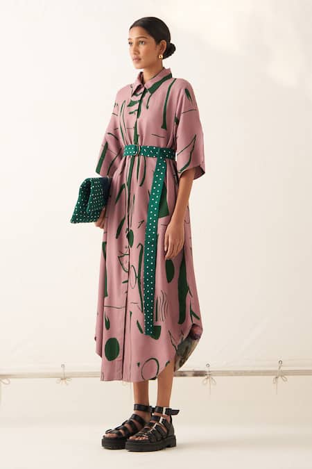 Buy_OFRIDA_Pink Lycra Collared Rough Summer A-line Dress_Online_at_Aza_Fashions