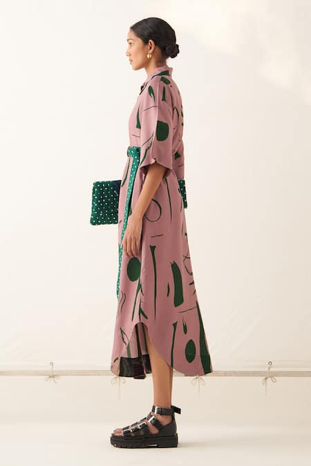 Shop_OFRIDA_Pink Lycra Collared Rough Summer A-line Dress_Online_at_Aza_Fashions