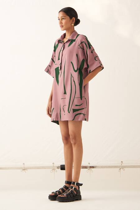 OFRIDA_Pink Lycra Embroidery Collared Rough Summer Mk New Dress_Online_at_Aza_Fashions