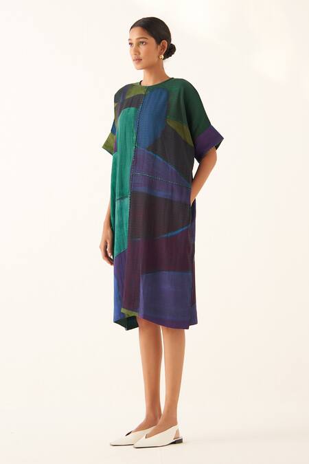 OFRIDA_Multi Color Cotton Round Time Warp Abstract Expressionist Print Kaftan Dress _Online_at_Aza_Fashions