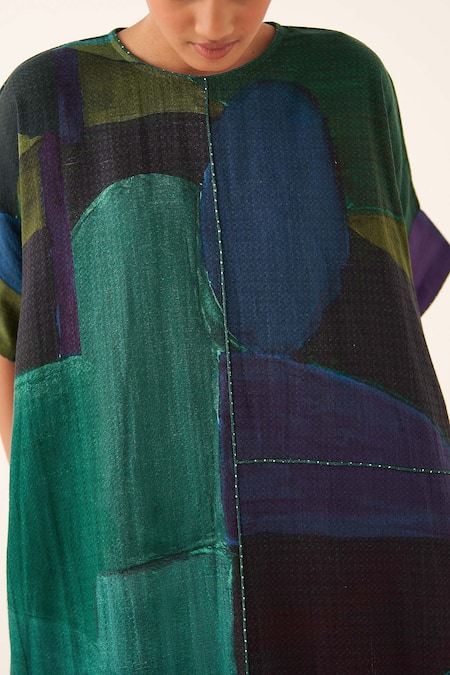 Buy_OFRIDA_Multi Color Cotton Round Time Warp Abstract Expressionist Print Kaftan Dress _Online_at_Aza_Fashions