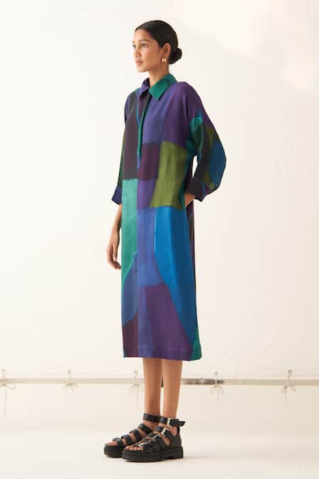 OFRIDA_Multi Color Cotton Collared Time Warp Mh Dress _Online_at_Aza_Fashions