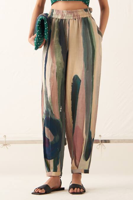 Buy_OFRIDA_Multi Color Cotton, Linen Lilium Bf Abstract Expressionist Print Pant_Online_at_Aza_Fashions