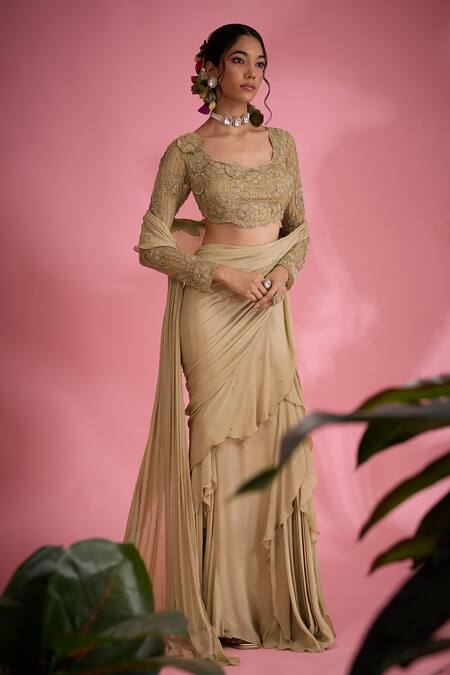 Show Shaa_Beige Net, Crepe, Chiffon Embroidery, Beads Pre-draped Ruffle Saree With Blouse _Online_at_Aza_Fashions