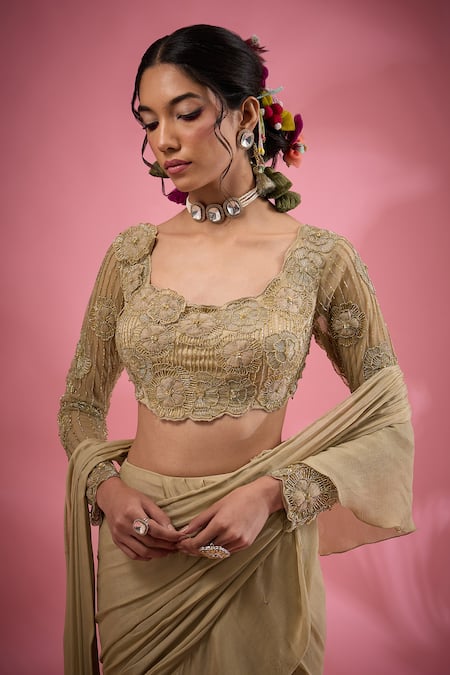 Buy_Show Shaa_Beige Net, Crepe, Chiffon Embroidery, Beads Pre-draped Ruffle Saree With Blouse _Online_at_Aza_Fashions
