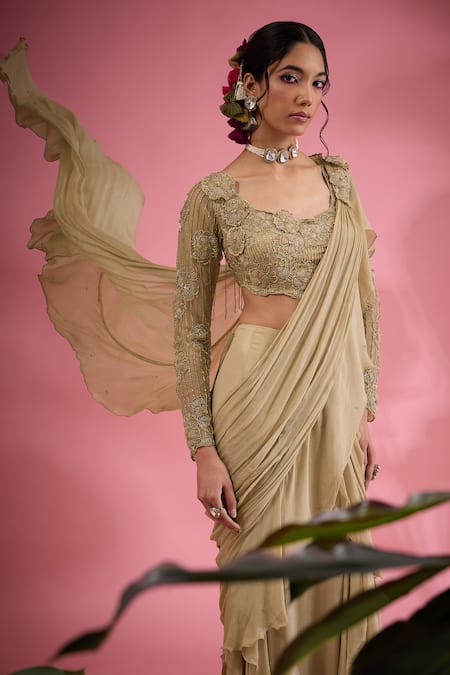 Shop_Show Shaa_Beige Net, Crepe, Chiffon Embroidery, Beads Pre-draped Ruffle Saree With Blouse _Online_at_Aza_Fashions