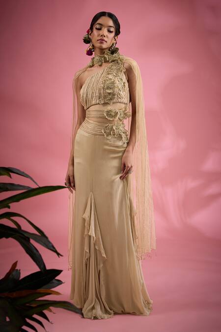 Show Shaa Beige Chiffon, Net Embroidery Off-shoulder 3d Flower Skirt Blouse Set Online at Aza Fashions Show Shaa_Beige Chiffon, Net Embroidery Off-shoulder 3d Flower Skirt Blouse Set _Online_at_Aza_Fashions