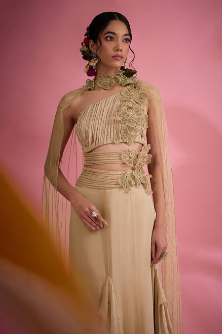 Shop Show Shaa Beige Chiffon, Net Embroidery Off-shoulder 3d Flower Skirt Blouse Set Online at Aza Fashions Shop_Show Shaa_Beige Chiffon, Net Embroidery Off-shoulder 3d Flower Skirt Blouse Set _Online_at_Aza_Fashions